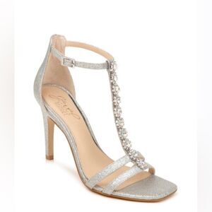 Jewel Badgley Mischka Farida Crystal T-Strap Heels Silver